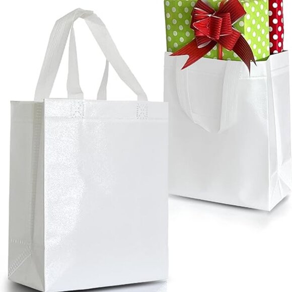 White Gift Bags Medium Size–Set of 12 Shiny White Reusable Gift Bags With Handle - Picture 1 of 4